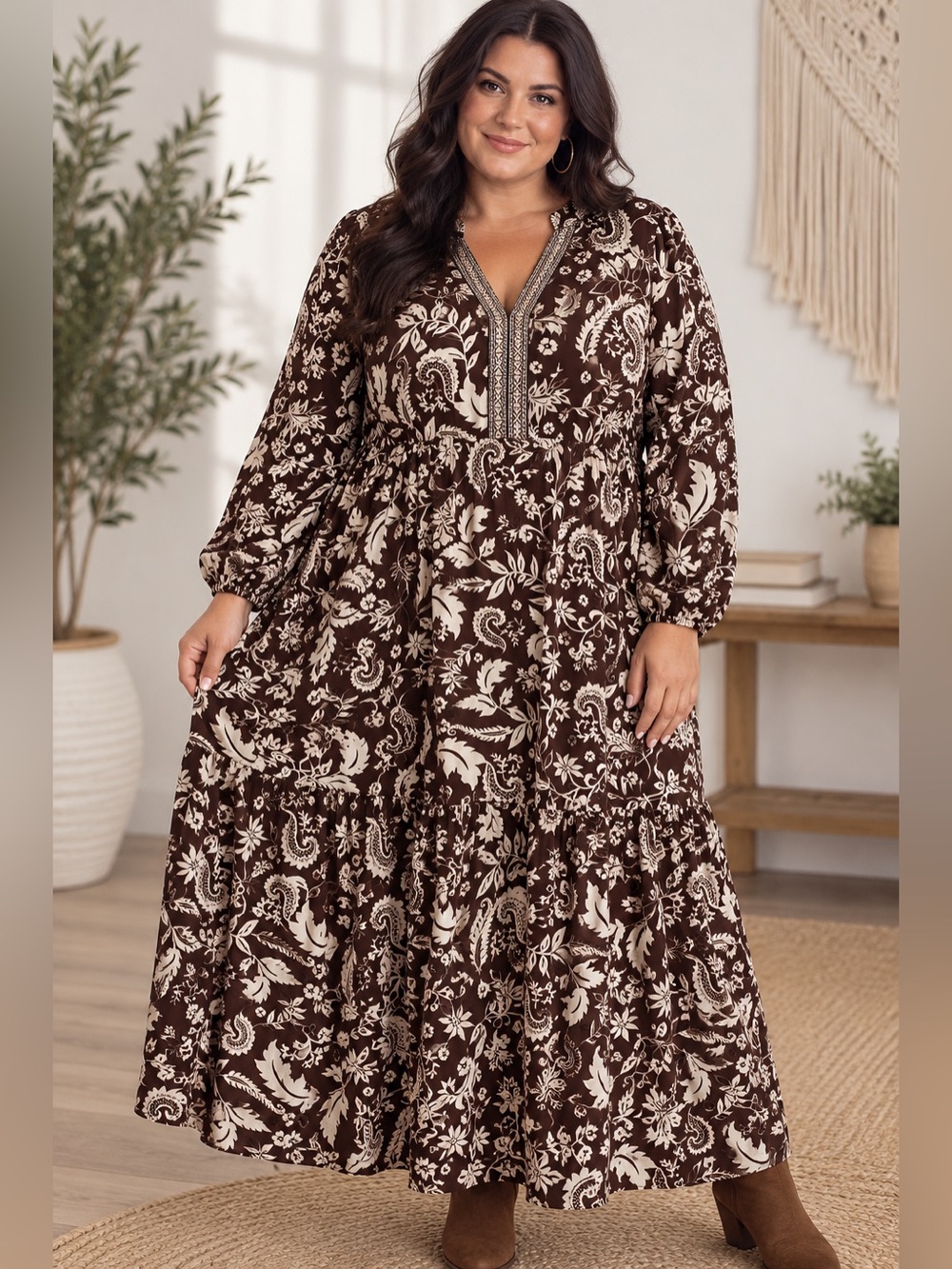 Rusty Dusty Boho Paisley Floral Tiered Maxi Dress – 1X